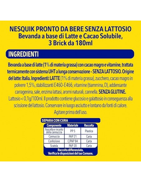NESQUIK PRONTO DA BERE SENZA LATTOSIO - CONFEZIONE TRIPACK 3 BRICK da 180 ml